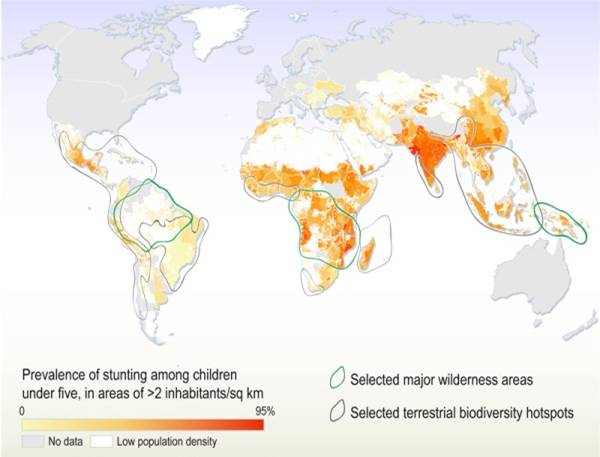 Global map overlay of poverty and biodiversity